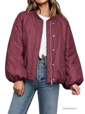 Womens Cropped Quilted Jacket Oversized Bomber Coat Zip Snap Bubble Hem